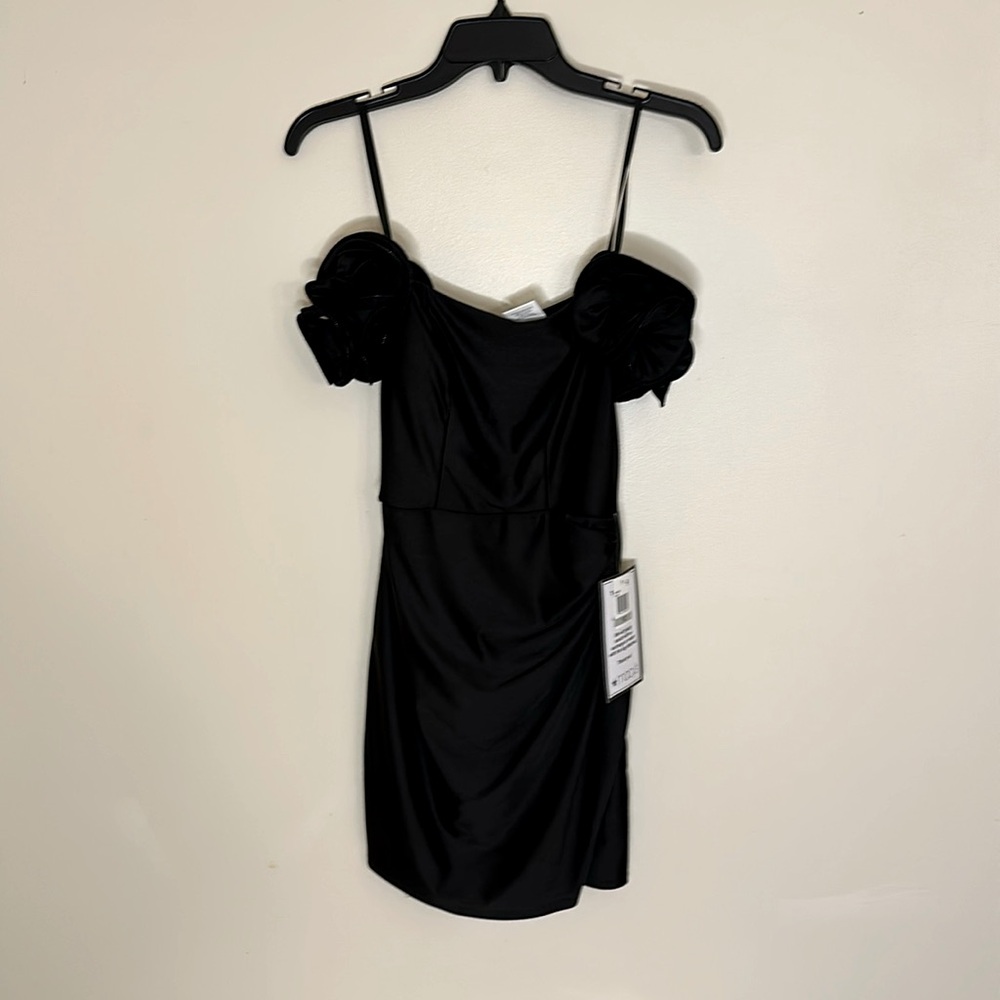 Black Party Dress with Ruffles at Shoulders.
